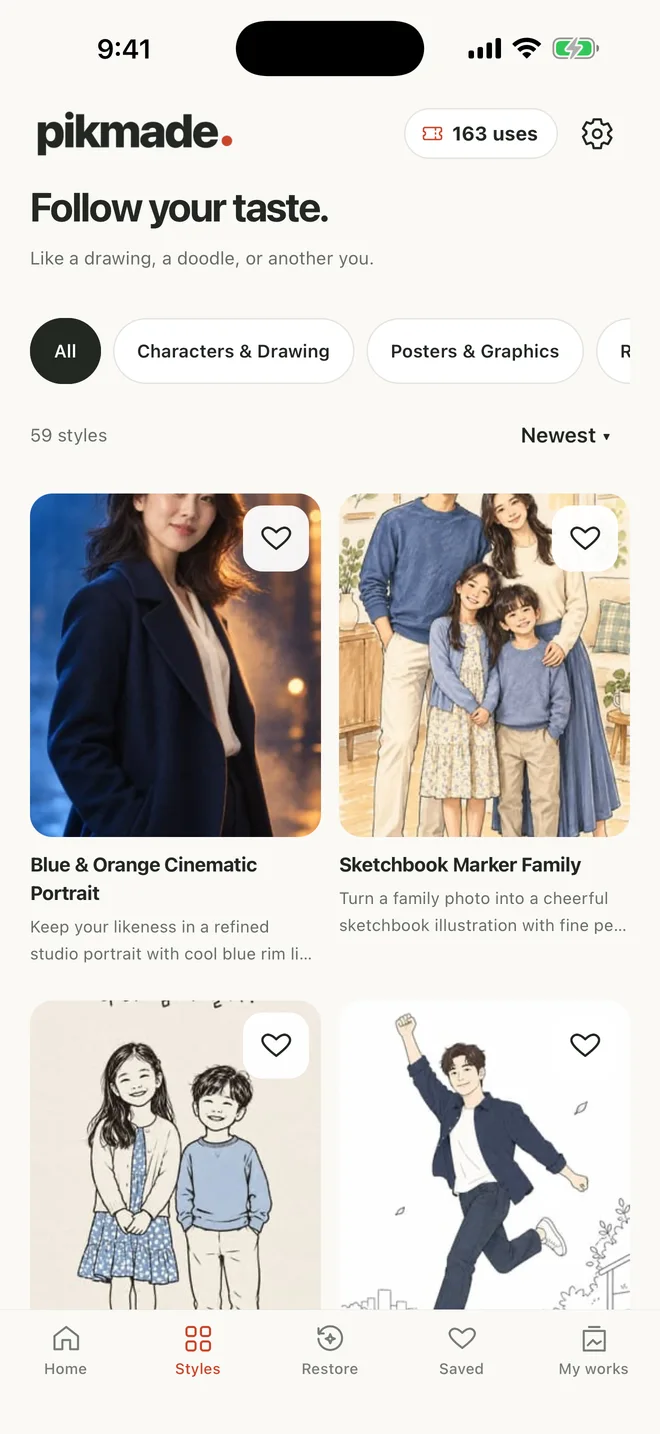 Actual Pikmade app screen: Find a style that feels like you.